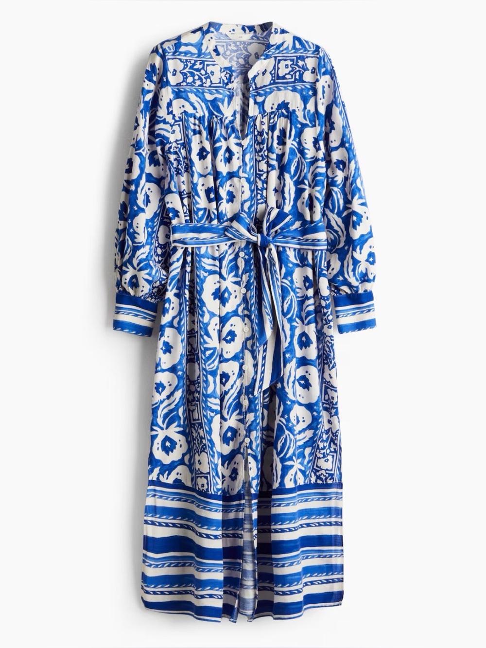 H&M Blue and White Floral Kaftan Dress • XL **No Tie Belt